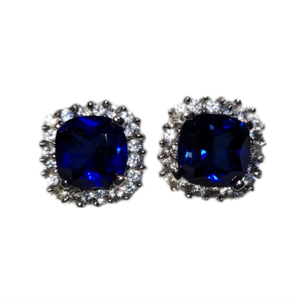 Sterling Silver Blue Gemstone With Cubic Zirconia Cushion